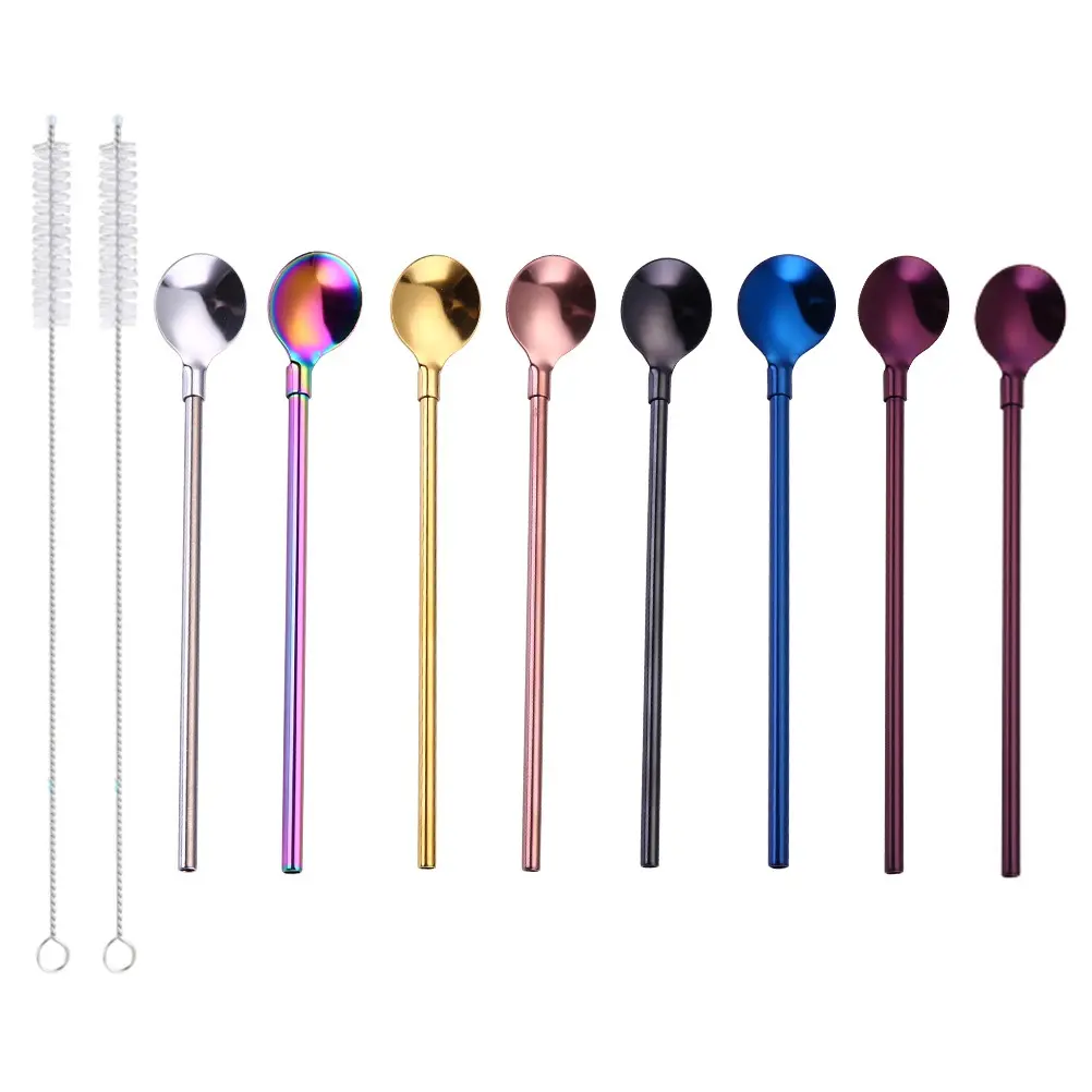 10pcs Stainless Steel Straw Spoon Reusable Metal Drinking Straws Coffee Smoothies Party Picnics Gifts