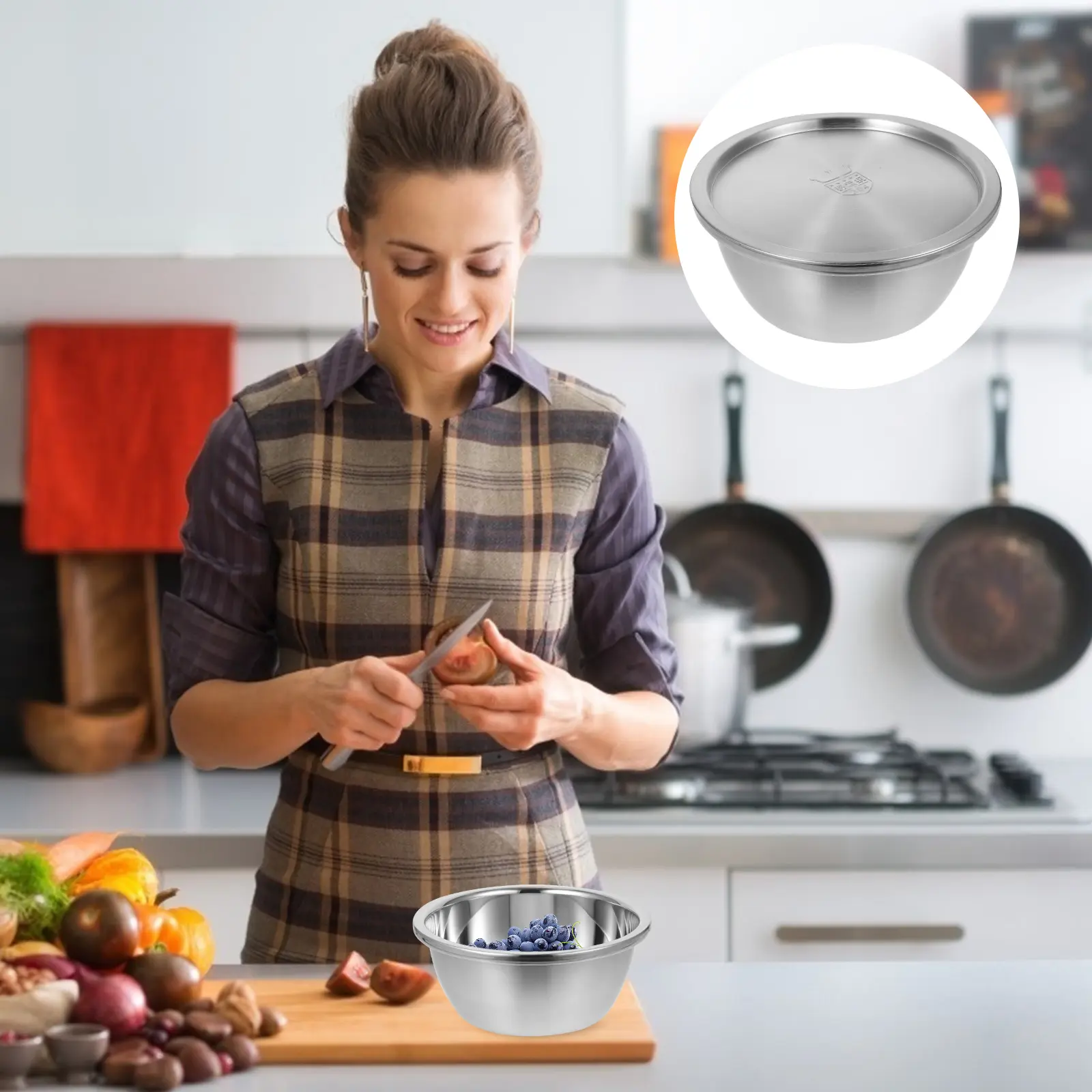 Fresh Basin Lid Containers Stainless Steel Vegatable Mixing Washing Bowl Easy Clean Fruit Vegetable Meat Seafood Salad