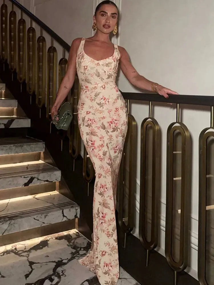 Mozision Backless Print Sexy Maxi Dress For Women Fashion Sleeveless High Waist Bodycon Club Party Sexy Slit Dress Elegant