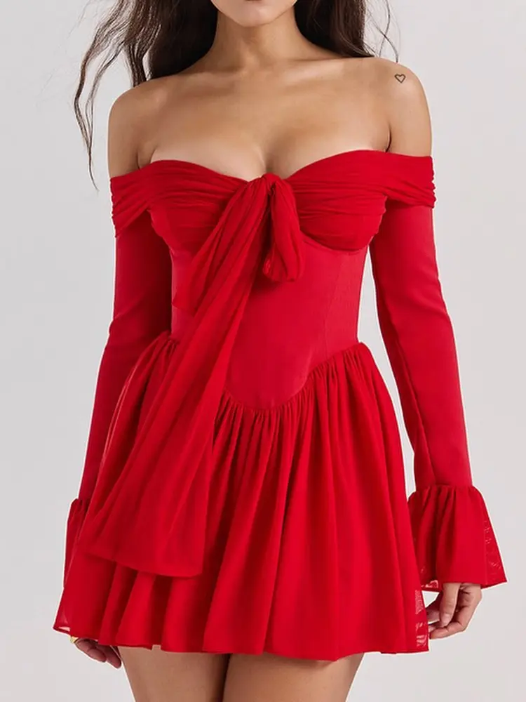 Mozision Elegant Strapless Backless Sexy Mini Dress For Women Red Off-shoulder Long Flare Sleeve Pleated Club Party Dress 2024