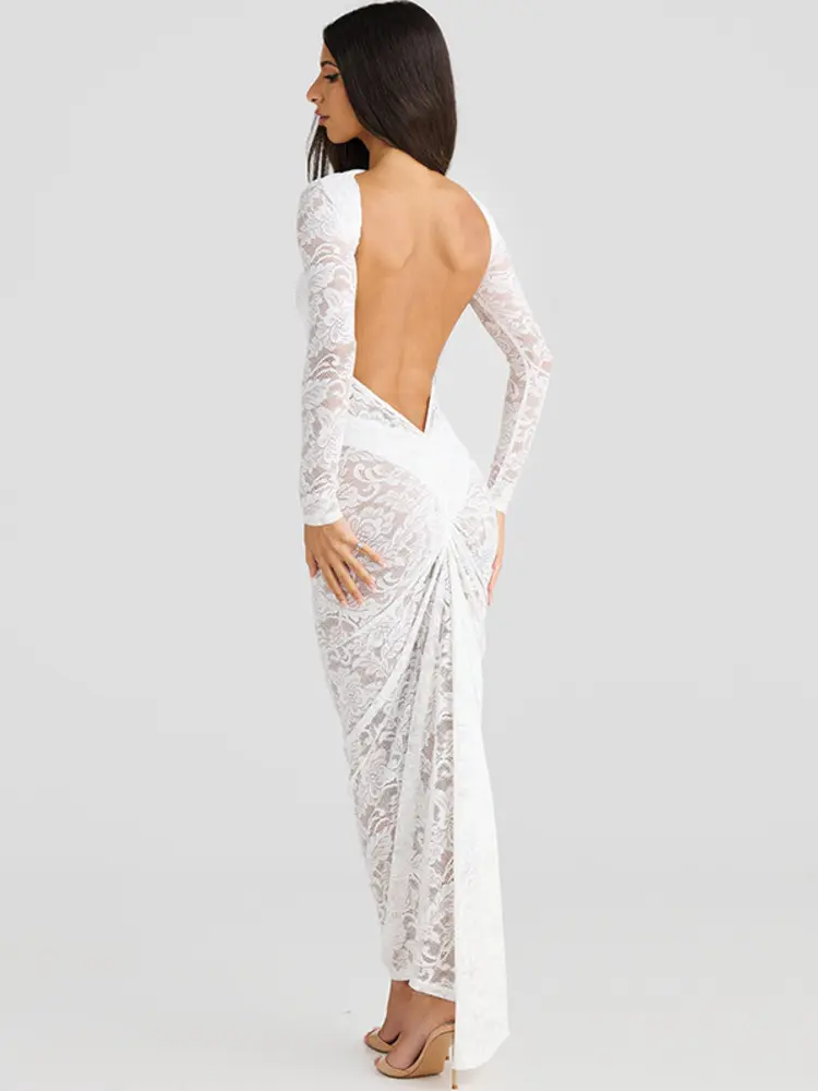 Mozision Lace Backless Sexy Maxi Dress For Women Gown Fashion Solid O Neck Long Sleeve Ruched Bodycon Club Long Dress Vestido