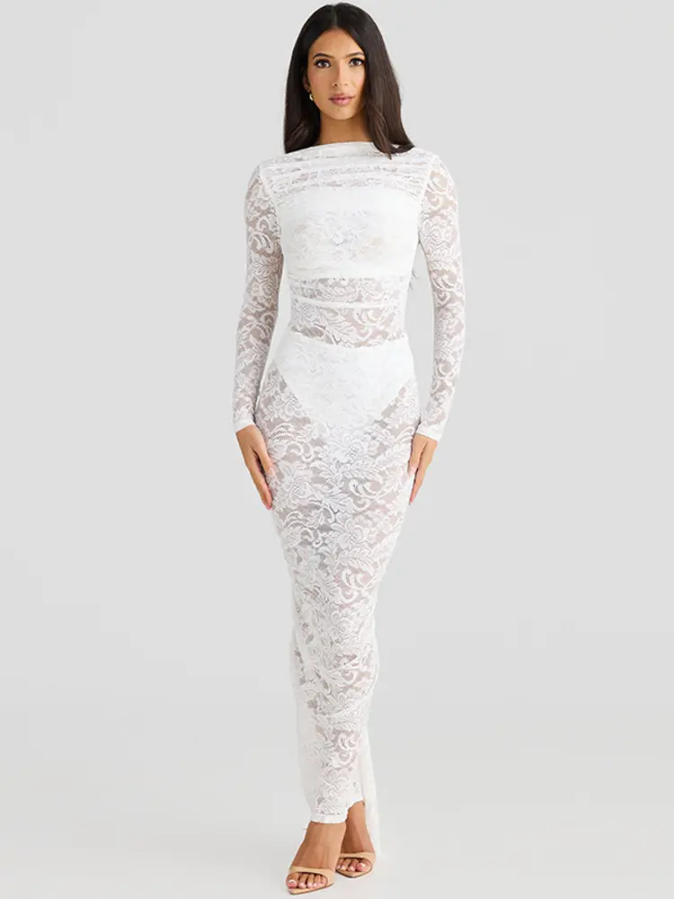 Mozision Lace Backless Sexy Maxi Dress For Women Gown Fashion Solid O Neck Long Sleeve Ruched Bodycon Club Long Dress Vestido