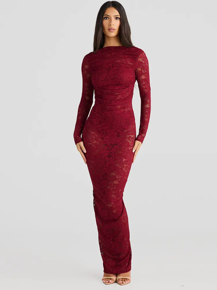 Mozision Lace Backless Sexy Maxi Dress For Women Gown Fashion Solid O Neck Long Sleeve Ruched Bodycon Club Long Dress Vestido