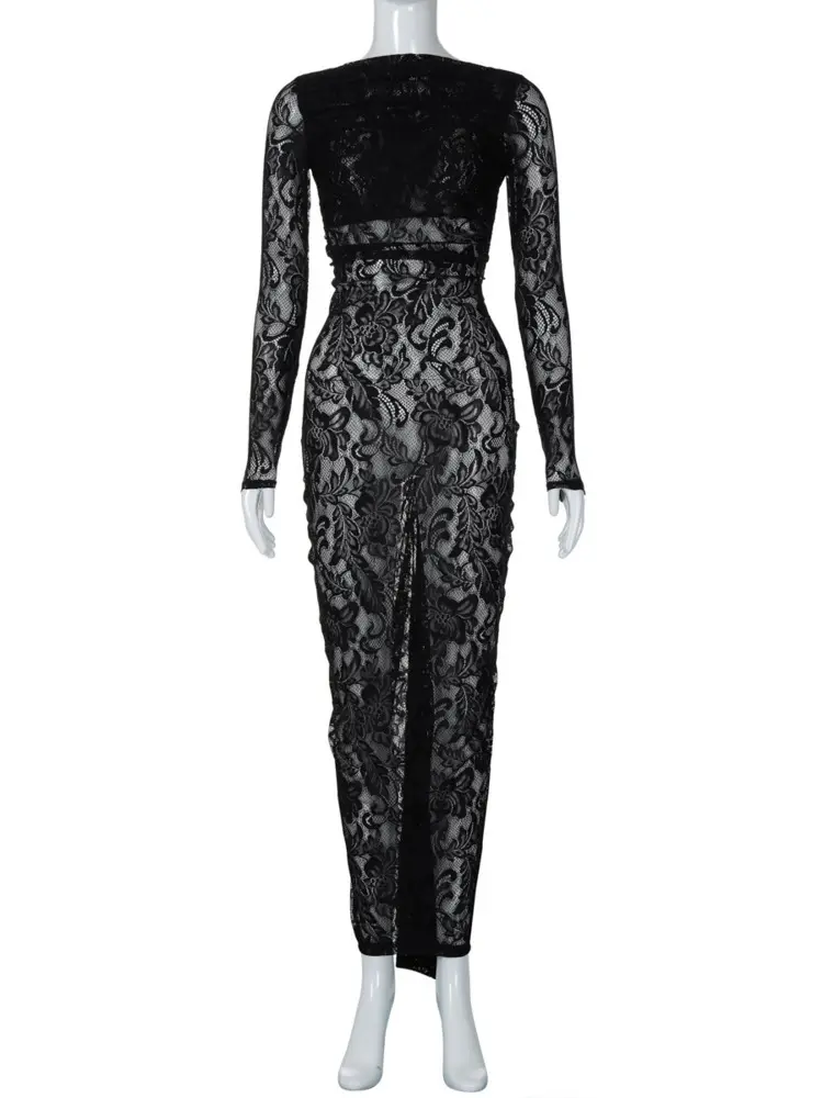 Mozision Lace Backless Sexy Maxi Dress For Women Gown Fashion Solid O Neck Long Sleeve Ruched Bodycon Club Long Dress Vestido