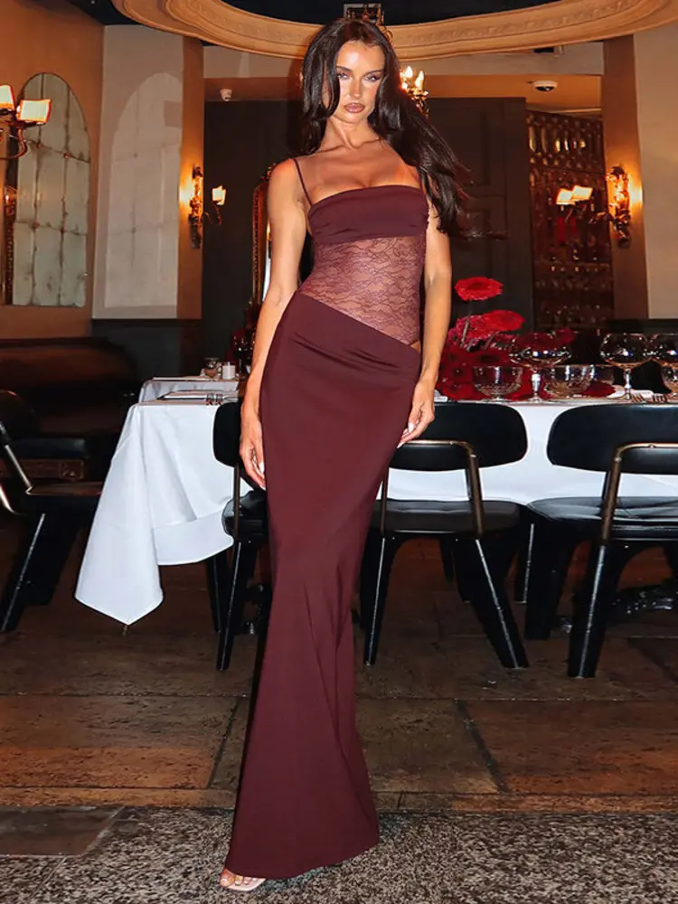 Mozision Spaghetti Strap Sheer Lace Sexy Maxi Dress For Women Elegant Hollow Out Sleeveless Backless Bodycon Evening Long Dress