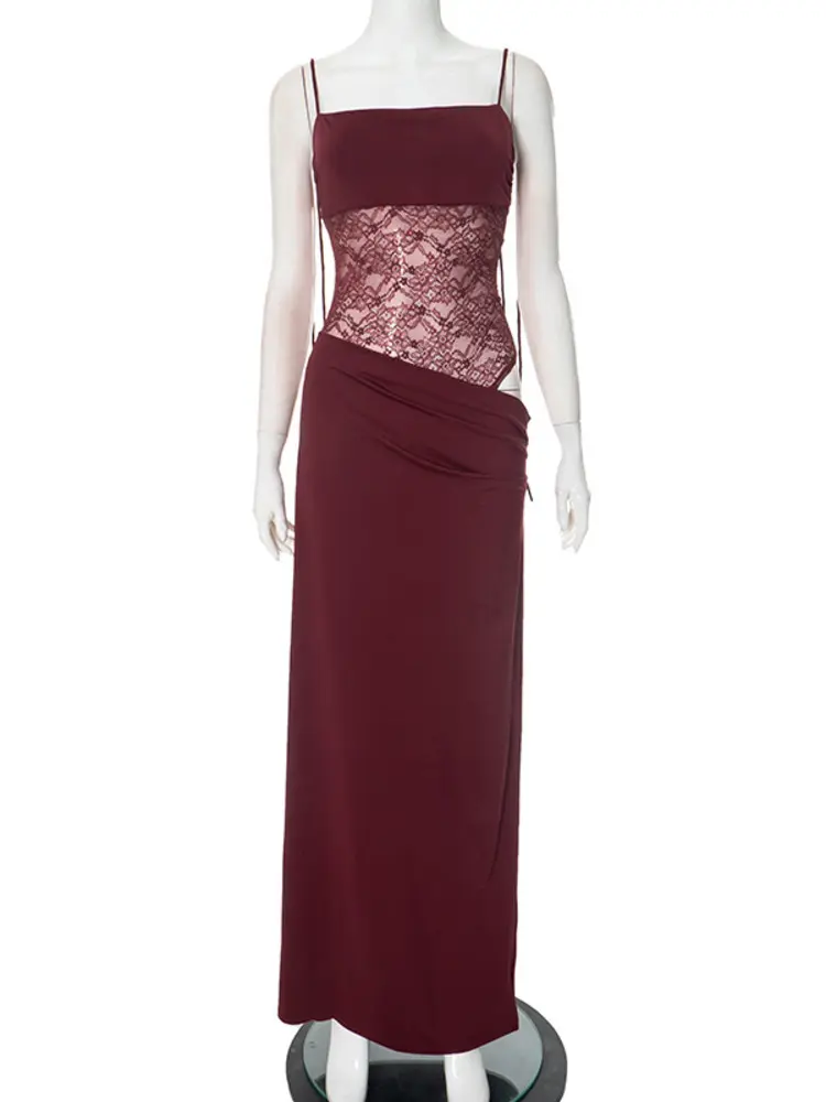 Mozision Spaghetti Strap Sheer Lace Sexy Maxi Dress For Women Elegant Hollow Out Sleeveless Backless Bodycon Evening Long Dress