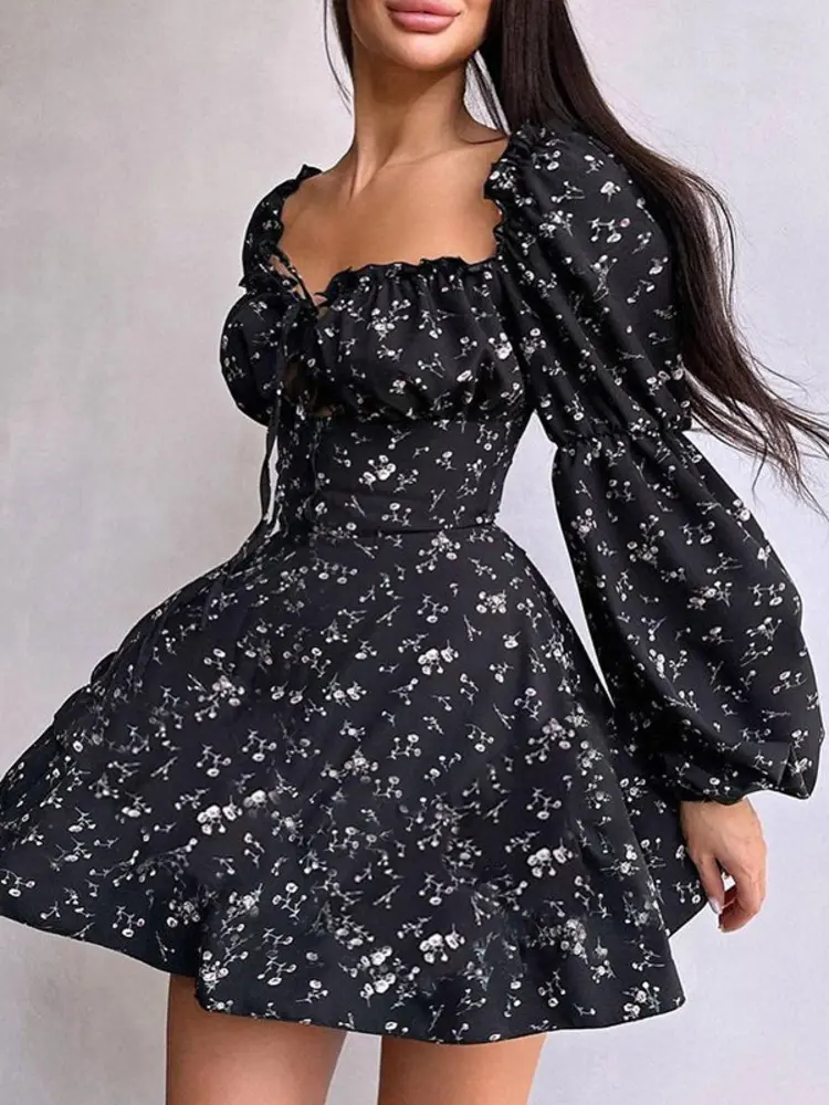 Mozision Long Puff Sleeve Floral Dress Wmen Autumn Winter Square Collar Backless Dress Female Fashion Elegant Dresses New
