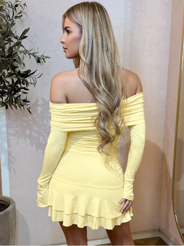 Mozision Off-shoulder Strapless Sexy Mini Dress Women Fashion Long Sleeve Backless Ruched Ruffle Club Party Dress Elegant New