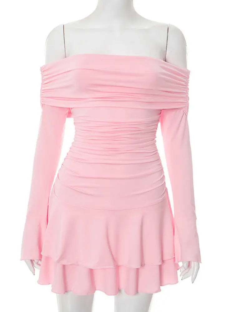 Mozision Off-shoulder Strapless Sexy Mini Dress Women Fashion Long Sleeve Backless Ruched Ruffle Club Party Dress Elegant New
