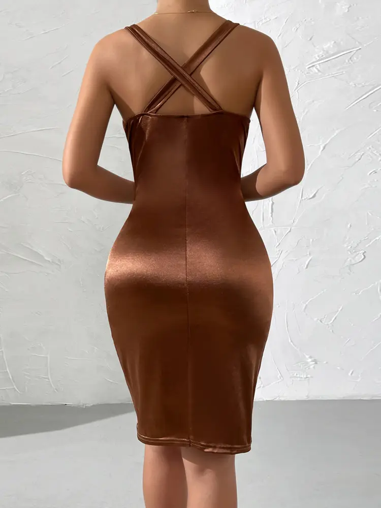 Mozision Elastic Satin Deep V Neck Ruched Dress For Women Robe Summer Sleeveless Backless Bodycon Club Party Dress Vestido