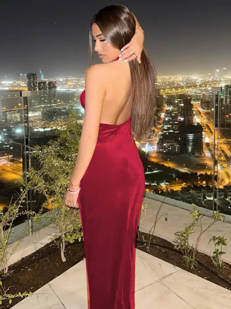 Mozision Halter Backless Sexy Maxi Dress For Women Gown Fashion Lace-up Deep V Neck Sleeveless Bodycon Split Long Dress Elegant