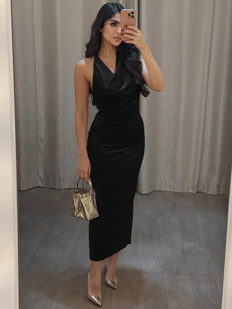 Mozision Halter Backless Sexy Maxi Dress For Women Gown Fashion Lace-up Deep V Neck Sleeveless Bodycon Split Long Dress Elegant