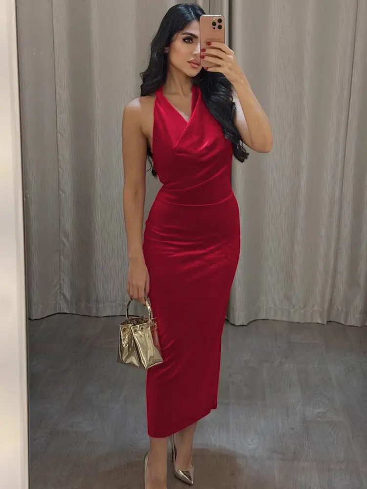 Mozision Halter Backless Sexy Maxi Dress For Women Gown Fashion Lace-up Deep V Neck Sleeveless Bodycon Split Long Dress Elegant