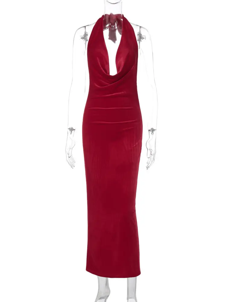 Mozision Halter Backless Sexy Maxi Dress For Women Gown Fashion Lace-up Deep V Neck Sleeveless Bodycon Split Long Dress Elegant