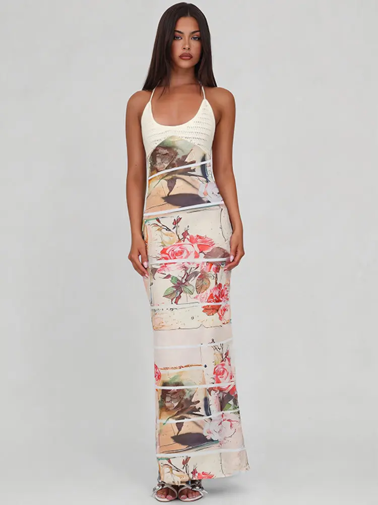 Mozision Halter Backless Print Sexy Maxi Dress For Women Fashion Patchwork Lace-up Sleeveless Bodycon Club Party Long Dresses