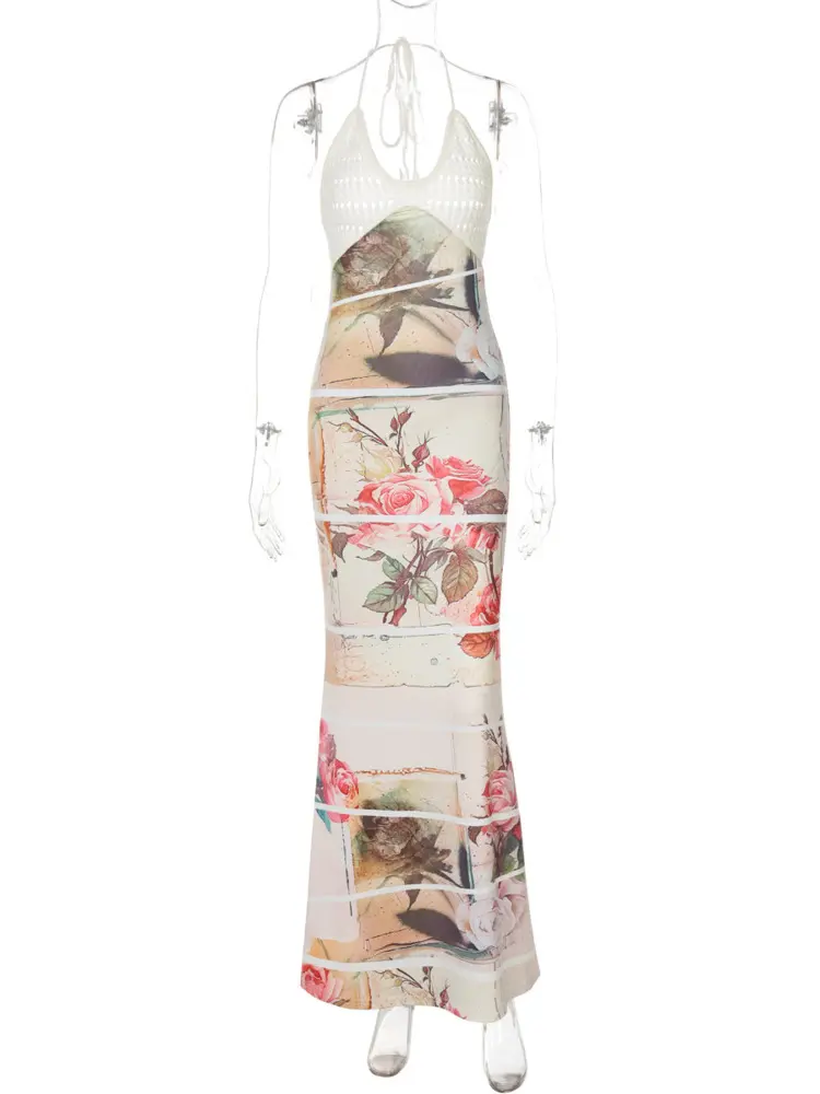 Mozision Halter Backless Print Sexy Maxi Dress For Women Fashion Patchwork Lace-up Sleeveless Bodycon Club Party Long Dresses
