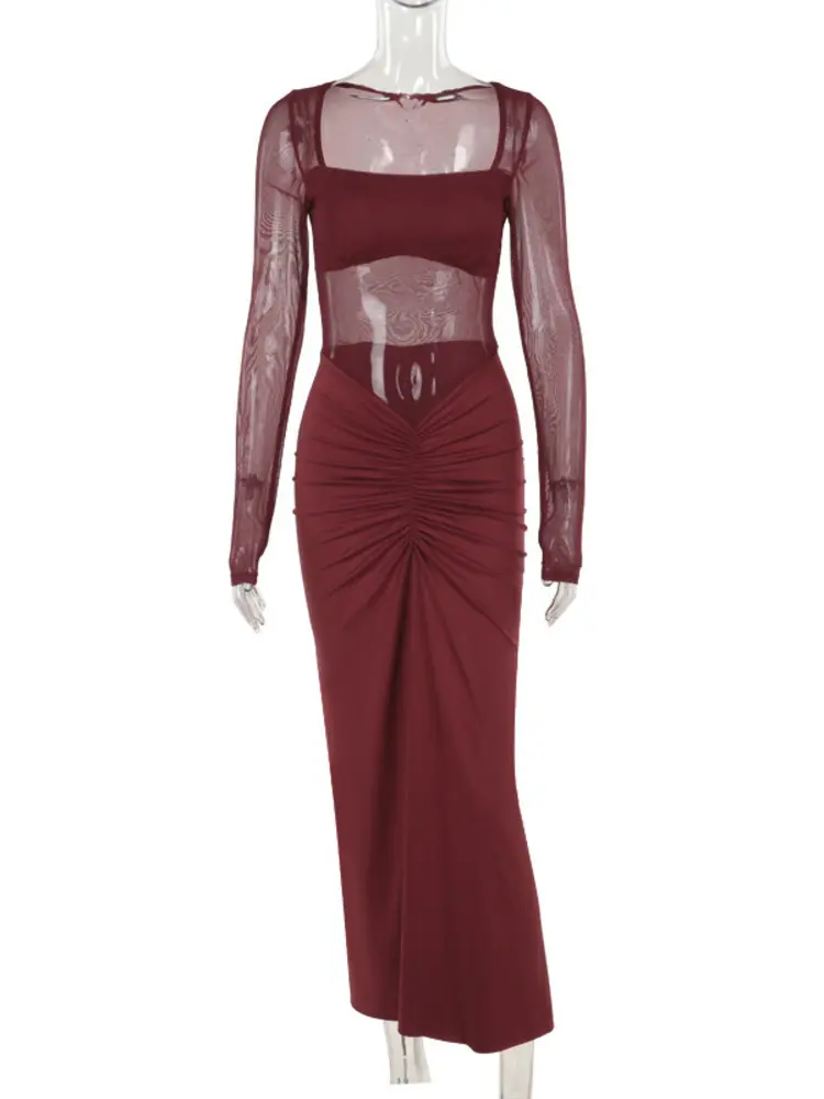 Mozision See Through Mesh Sexy Maxi Dress For Women Fashion Square Collar Long Sleeve Ruched Bodycon Club Party Long Dress