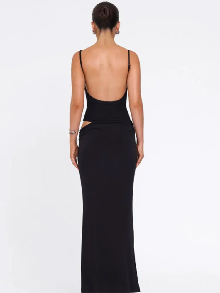 Mozision Black Sexy Dress Sets Women Spaghetti Strap Bodysuit And Maxi Skirt Matching Sets Backless Slim Fit Long Skirt Set