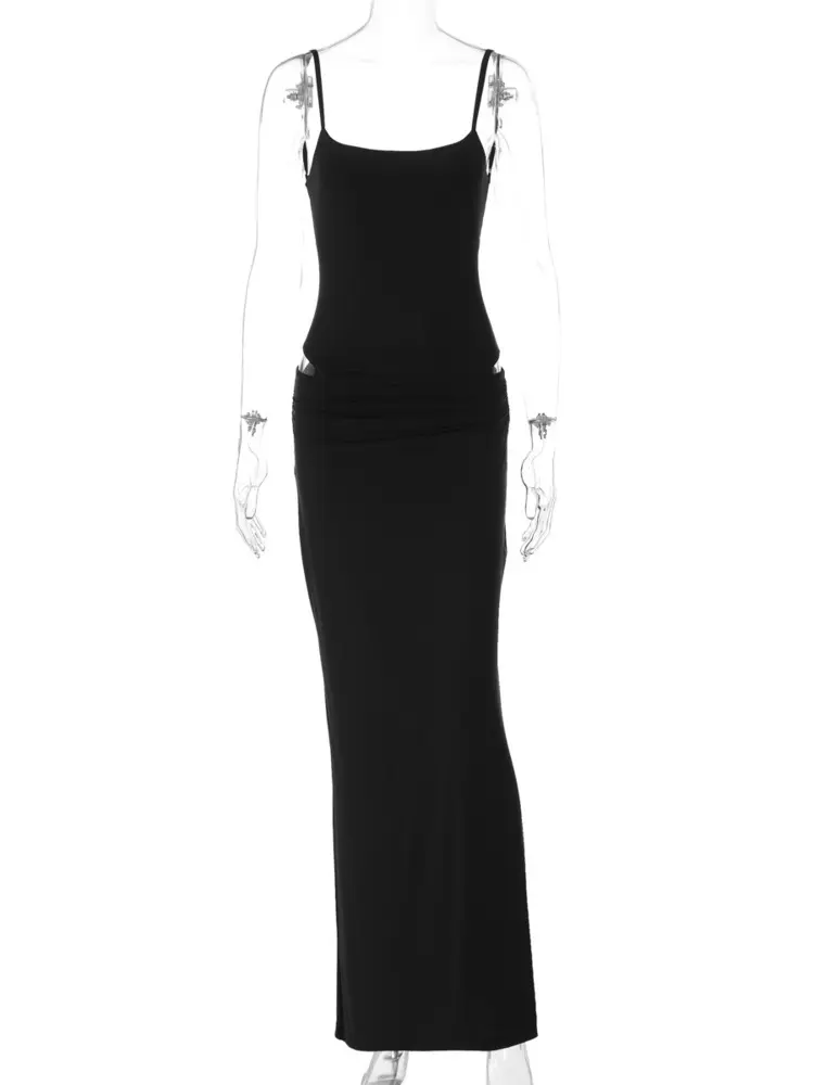 Mozision Black Sexy Dress Sets Women Spaghetti Strap Bodysuit And Maxi Skirt Matching Sets Backless Slim Fit Long Skirt Set