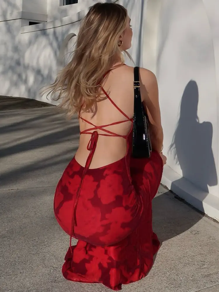 Mozision Spaghetti Strap Print Sexy Maxi Dress For Women Gown Summer New Sleeveless Backless High Waist Club Long Dress Elegant