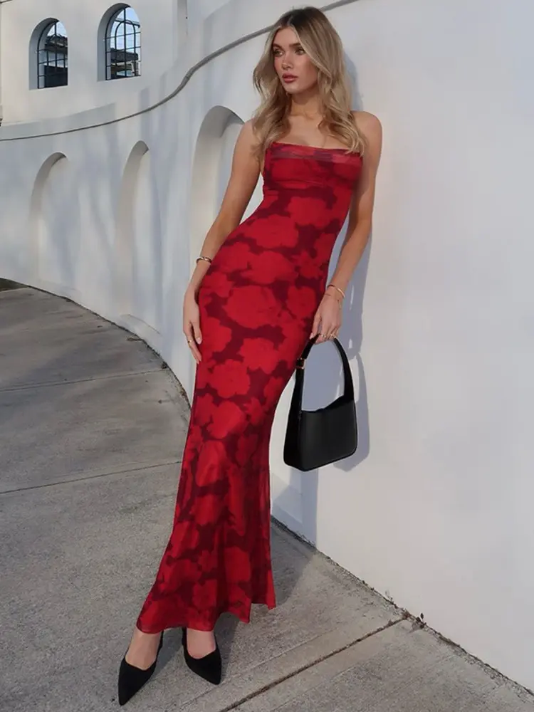 Mozision Spaghetti Strap Print Sexy Maxi Dress For Women Gown Summer New Sleeveless Backless High Waist Club Long Dress Elegant