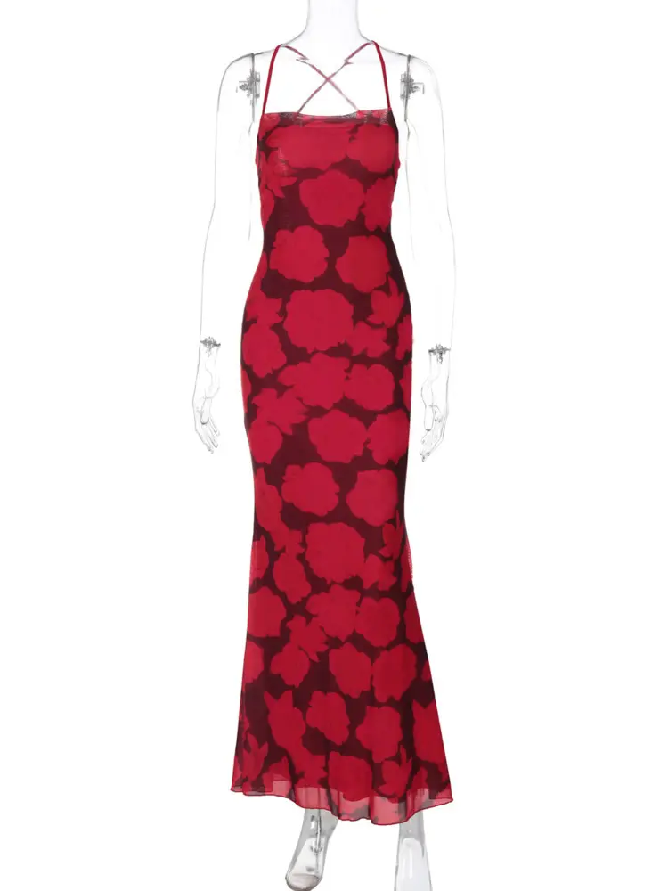 Mozision Spaghetti Strap Print Sexy Maxi Dress For Women Gown Summer New Sleeveless Backless High Waist Club Long Dress Elegant