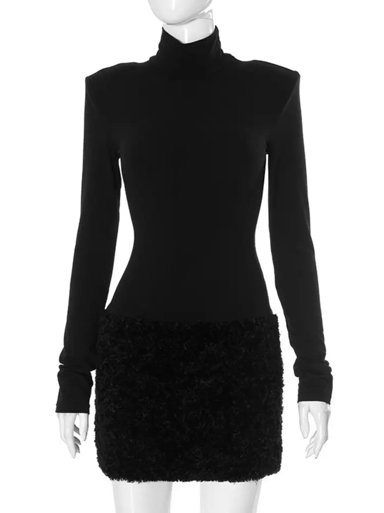 Mozision Turtleneck Long Sleeve Sexy Mini Dress For Women Elegant Fashion Black Feather Bottom Slim Fit High Waist Club Dress