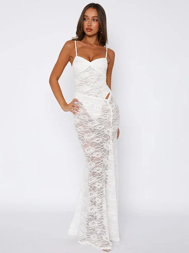 Mozision Lace See Through Dress Set Women White Spaghetti Strap Bodysuit And Maxi Skirt Matching Sets Female Skirt Two Piece Set
