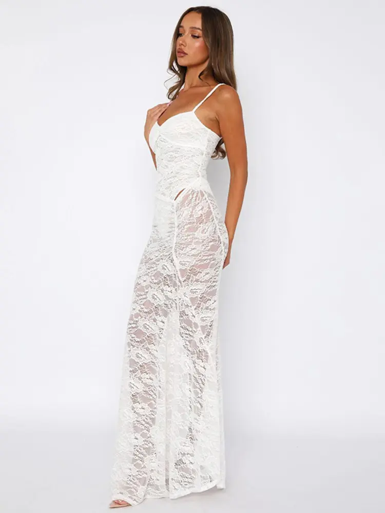 Mozision Lace See Through Dress Set Women White Spaghetti Strap Bodysuit And Maxi Skirt Matching Sets Female Skirt Two Piece Set
