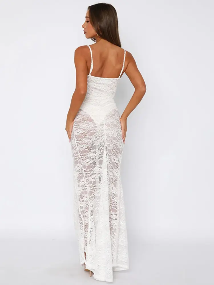 Mozision Lace See Through Dress Set Women White Spaghetti Strap Bodysuit And Maxi Skirt Matching Sets Female Skirt Two Piece Set
