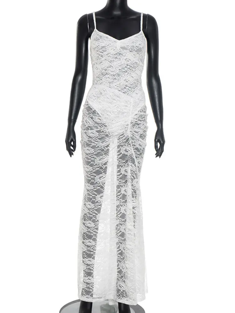Mozision Lace See Through Dress Set Women White Spaghetti Strap Bodysuit And Maxi Skirt Matching Sets Female Skirt Two Piece Set