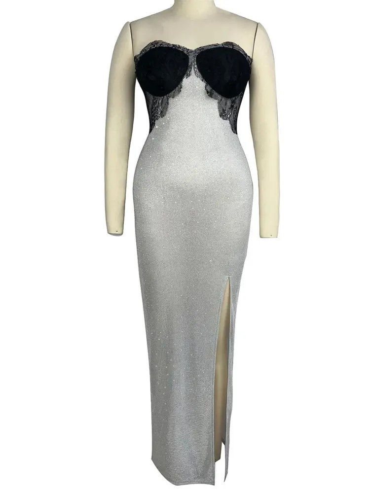 Mozision Sleeveless Sexy Sequins Strapless Thigh Slit Maxi Dress For Women High Waist Off-shoulder Sexy Club Party Evening Dress