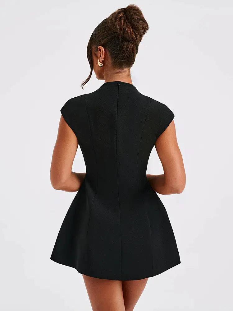 Mozision Black Sleeveless Sexy Mini Dress For Women Fashion Zipper Deep V Neck Two Pocket A-line Night Club Party Dress Elegant