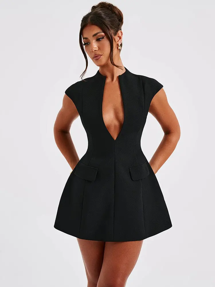 Mozision Black Sleeveless Sexy Mini Dress For Women Fashion Zipper Deep V Neck Two Pocket A-line Night Club Party Dress Elegant