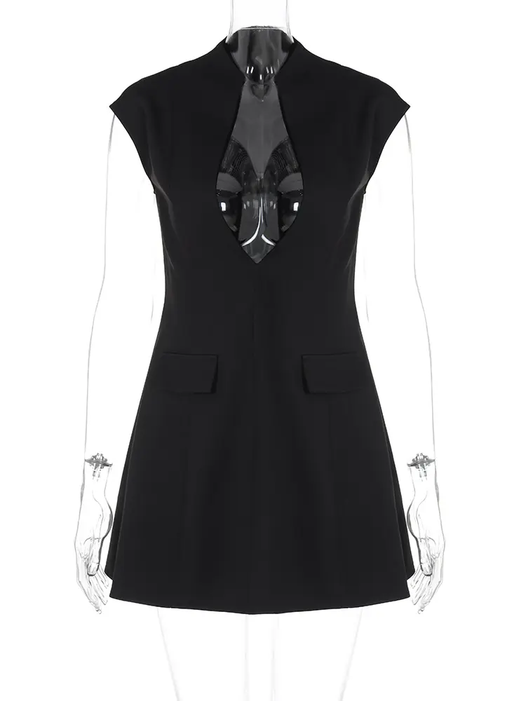 Mozision Black Sleeveless Sexy Mini Dress For Women Fashion Zipper Deep V Neck Two Pocket A-line Night Club Party Dress Elegant