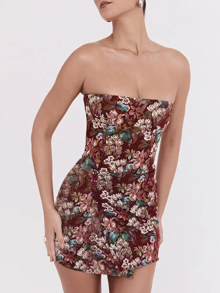Mozision Off-shoulder Backless Print Mini Dress For Women Robe Fashion Strapless Sleeveless Bodycon Club Party Printed Dress