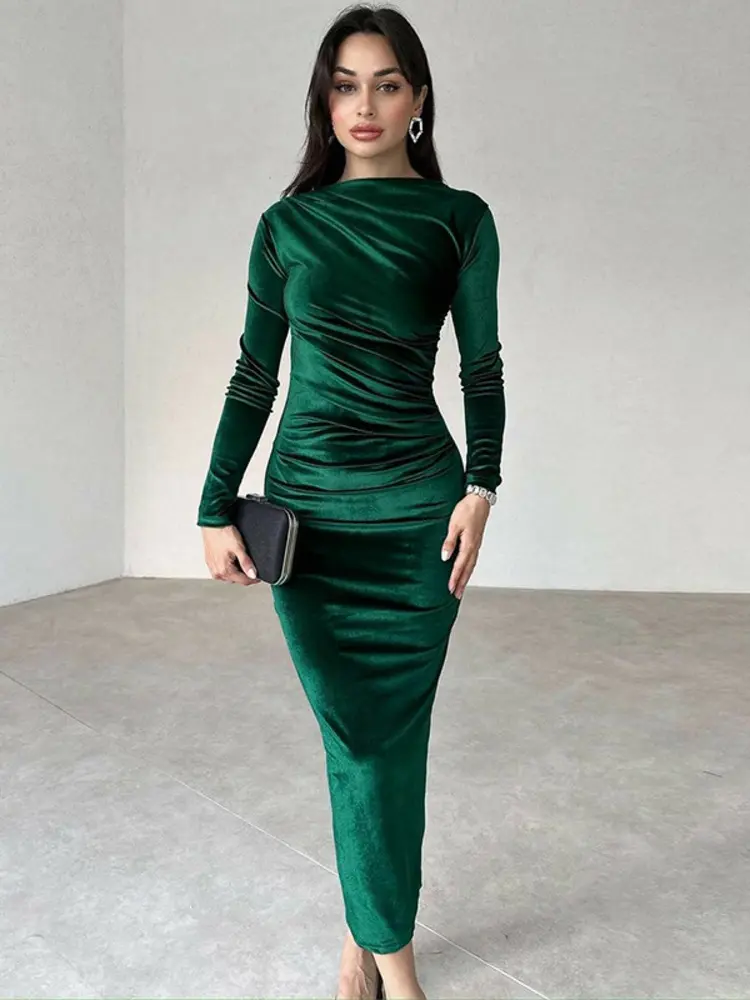 Mozision Elegant Velvet Long Sleeve Sexy Maxi Dress For Women Autumn Winter New Fashion O Neck Bodycon Club Party Long Dress