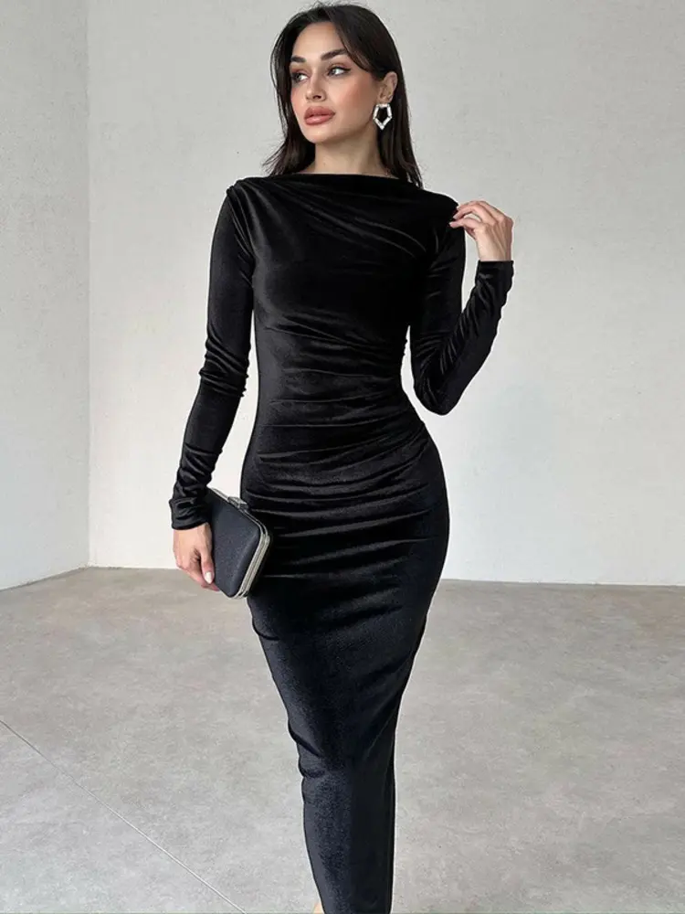 Mozision Elegant Velvet Long Sleeve Sexy Maxi Dress For Women Autumn Winter New Fashion O Neck Bodycon Club Party Long Dress