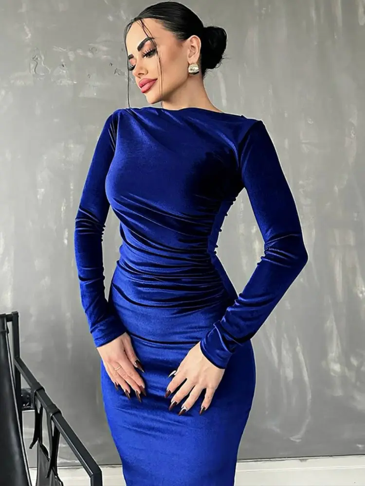 Mozision Elegant Velvet Long Sleeve Sexy Maxi Dress For Women Autumn Winter New Fashion O Neck Bodycon Club Party Long Dress