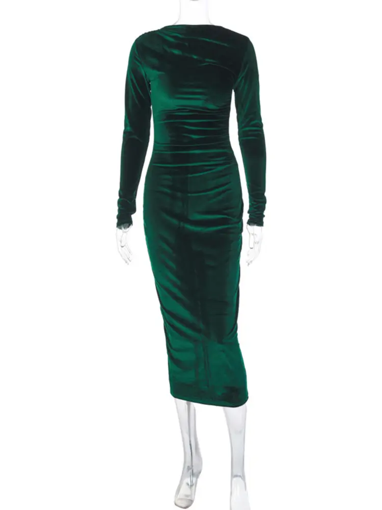 Mozision Elegant Velvet Long Sleeve Sexy Maxi Dress For Women Autumn Winter New Fashion O Neck Bodycon Club Party Long Dress