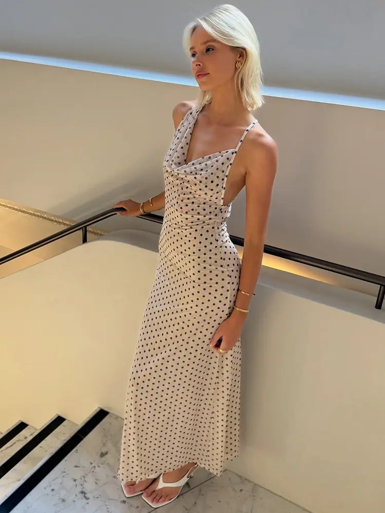 Mozision Spaghetti Strap Polka Dot Dress For Women Gown Fashion Irregular V Neck Sleeveless Backless Bodycon Club Long Dress