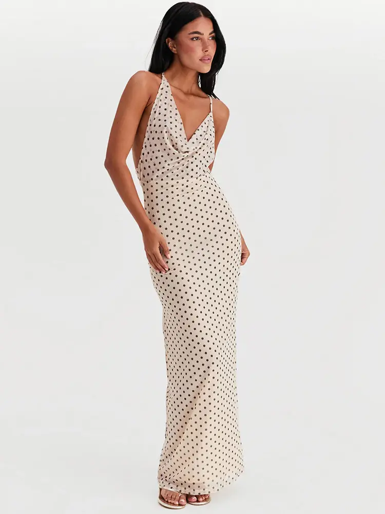 Mozision Spaghetti Strap Polka Dot Dress For Women Gown Fashion Irregular V Neck Sleeveless Backless Bodycon Club Long Dress