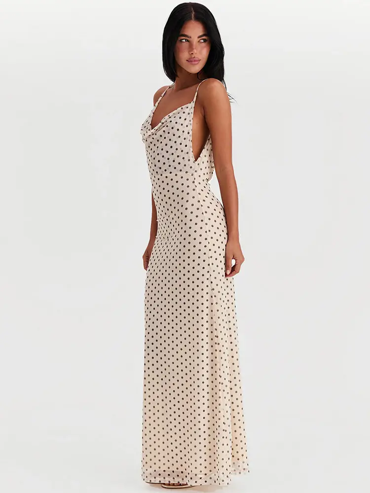 Mozision Spaghetti Strap Polka Dot Dress For Women Gown Fashion Irregular V Neck Sleeveless Backless Bodycon Club Long Dress