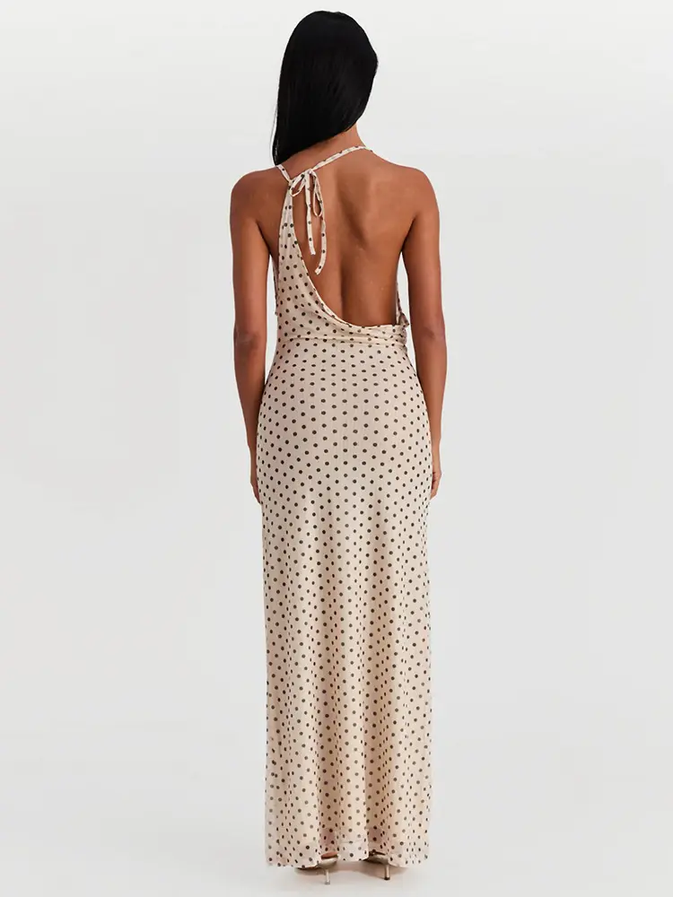 Mozision Spaghetti Strap Polka Dot Dress For Women Gown Fashion Irregular V Neck Sleeveless Backless Bodycon Club Long Dress
