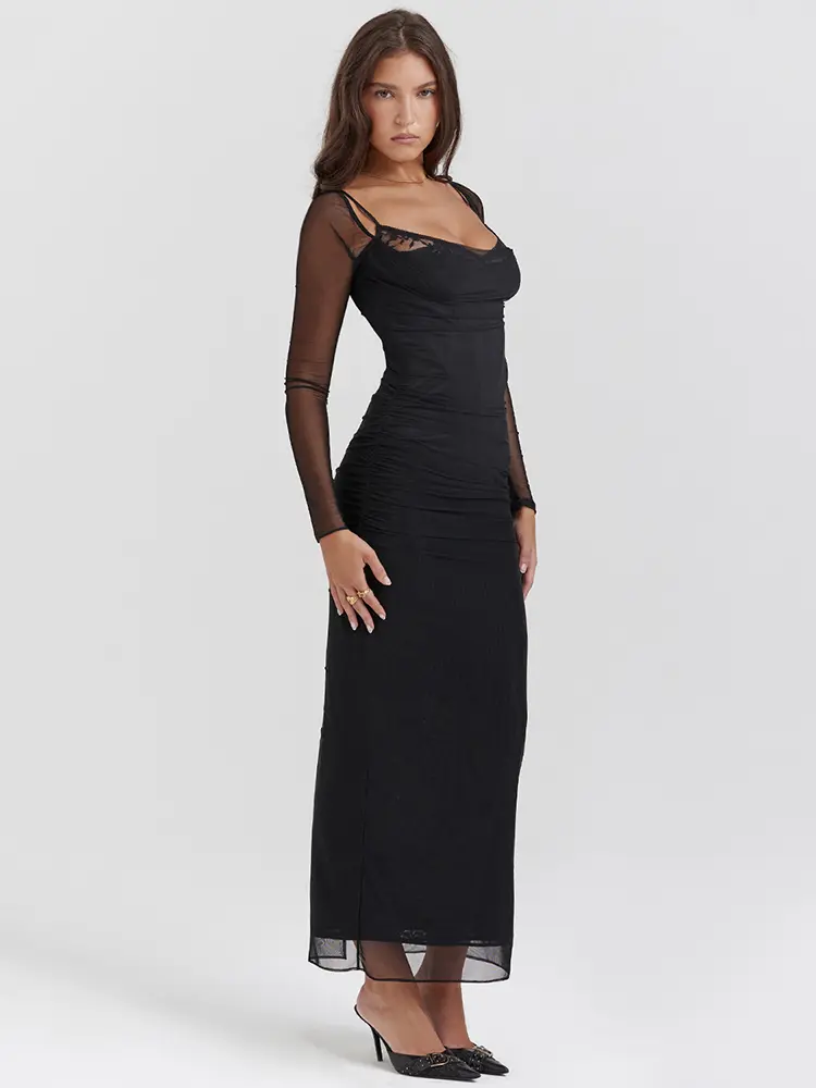 Mozision Elegant Sheer Long Sleeve Bodycon Maxi Dress For Women Fashion Mesh Black Strapless Backless Club Party Sexy Dress