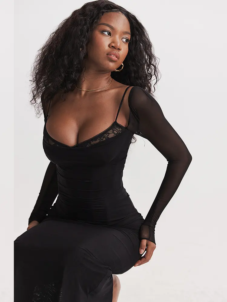 Mozision Elegant Sheer Long Sleeve Bodycon Maxi Dress For Women Fashion Mesh Black Strapless Backless Club Party Sexy Dress