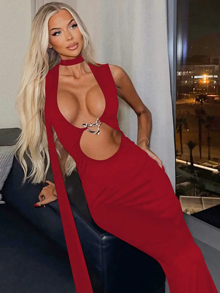 Mozision Hollow Out Halter Sexy Maxi Dress Women Summer New Metal Decoration Sleeveless Slim High Waist Long Dress Elegant