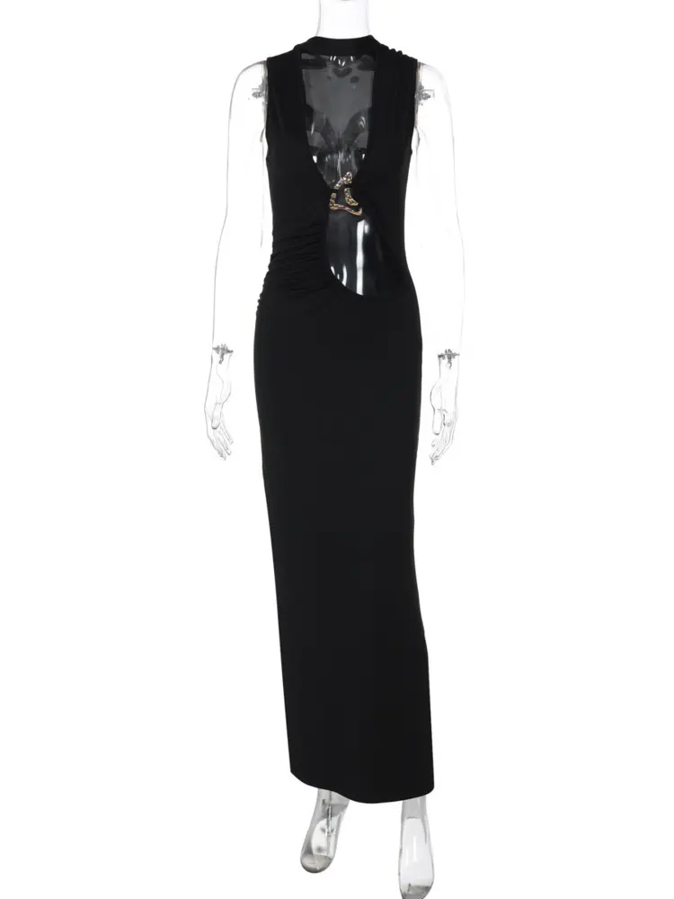 Mozision Hollow Out Halter Sexy Maxi Dress Women Summer New Metal Decoration Sleeveless Slim High Waist Long Dress Elegant