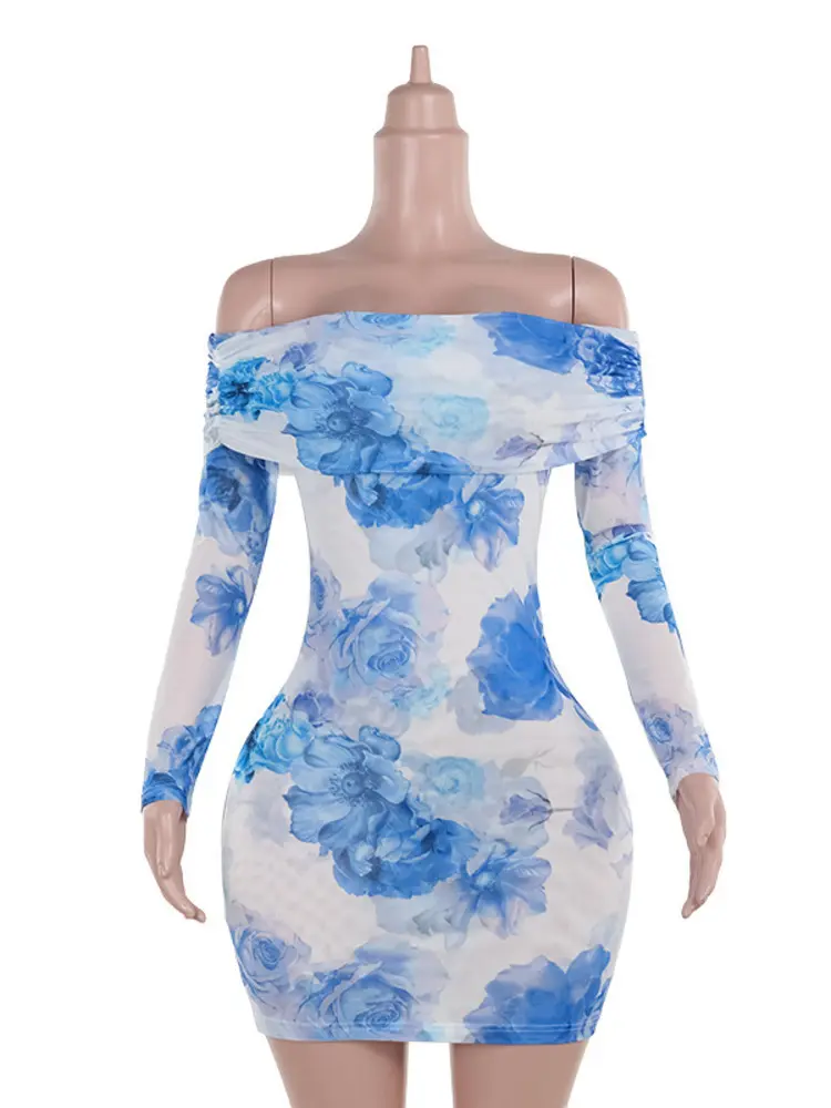 Mozision Blue Floral Print Sexy Mini Dress For Women Autumn New Off-shoulder Backless Long Sleeve High Waist Sexy Party Dress