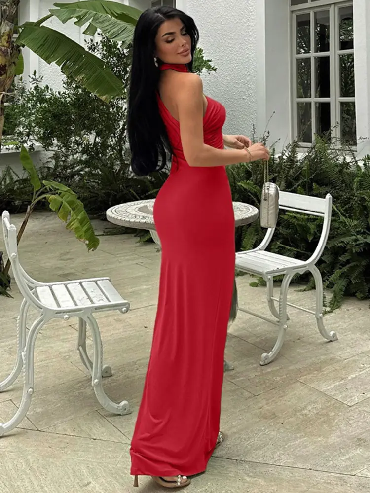 Mozision Halter Backless Sexy Maxi Dress Women Summer New Inclined Shoulder Sleeveless High Waist Bodycon Elegant Long Dress